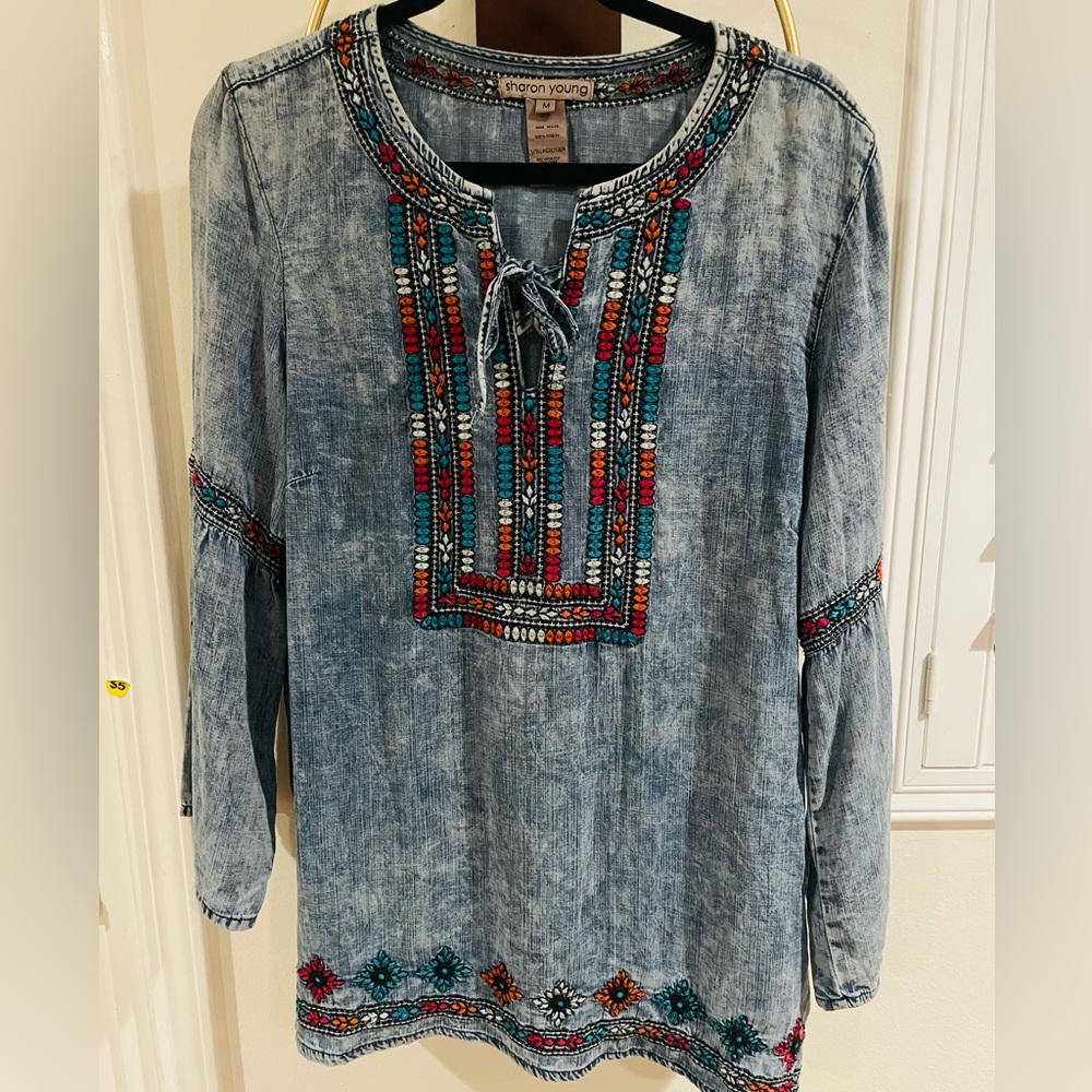 Sharon Young Light Blue Embroidered Denim Tunic